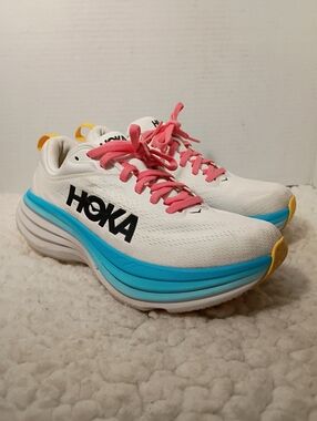 Hoka Bondi 8 Women’s 7 White Blue Pink Running Walking Comfort Sneakers.Step